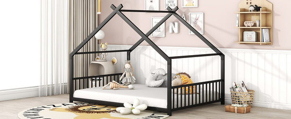 English Elm Full House Bed with Roof Canopy — Sturdy Metal Frame, Semi-Enclosed Play Loft for Kids' Sleep & Play (Full) Black MF305893AAB