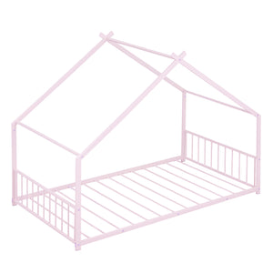 English Elm Twin Metal House Bed with Roof Frame for Kids — Sturdy 350lb Capacity, Playful Semi-Enclosed Design Pink MF305886AAH