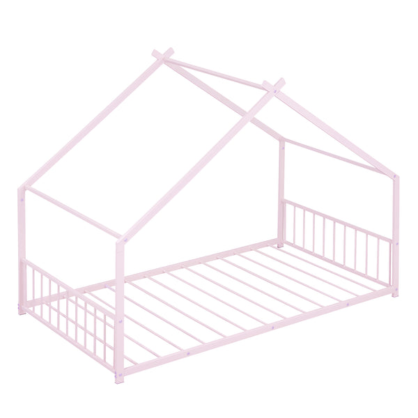 English Elm Twin Metal House Bed with Roof Frame for Kids — Sturdy 350lb Capacity, Playful Semi-Enclosed Design Pink MF305886AAH