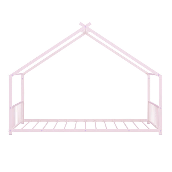 English Elm Twin Metal House Bed with Roof Frame for Kids — Sturdy 350lb Capacity, Playful Semi-Enclosed Design Pink MF305886AAH