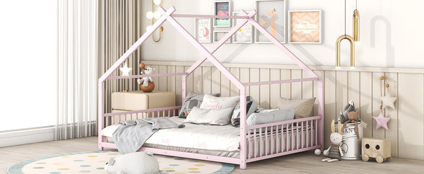 English Elm Full House Bed with Roof Canopy — Sturdy Metal Frame, Semi-Enclosed Play Loft for Kids' Sleep & Play (Full) Pink MF305893AAH