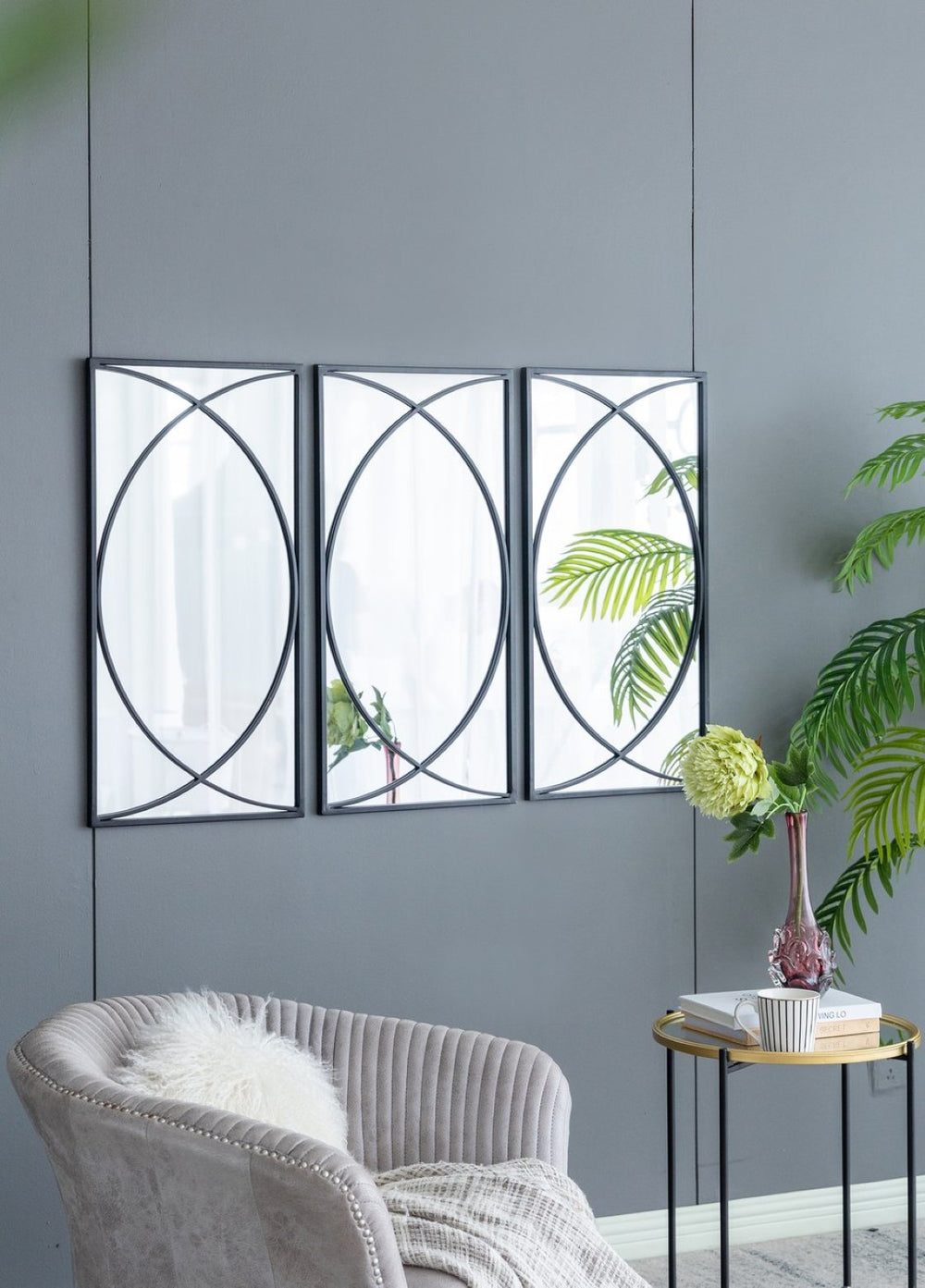English Elm 32'' Set of 3 Iron Ring Overlay Rectangular Mirrors Black Powder Coat Gallery Wall W2078124318