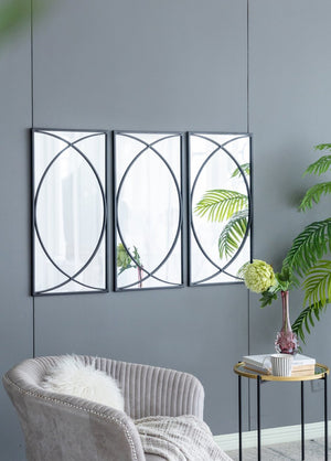 English Elm 32'' Set of 3 Iron Ring Overlay Rectangular Mirrors Black Powder Coat Gallery Wall W2078124318