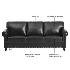 English Elm 3 Seater Pu Leather Sofa with Nail Head Trim Rolled Arms and Birch Legs W680111462