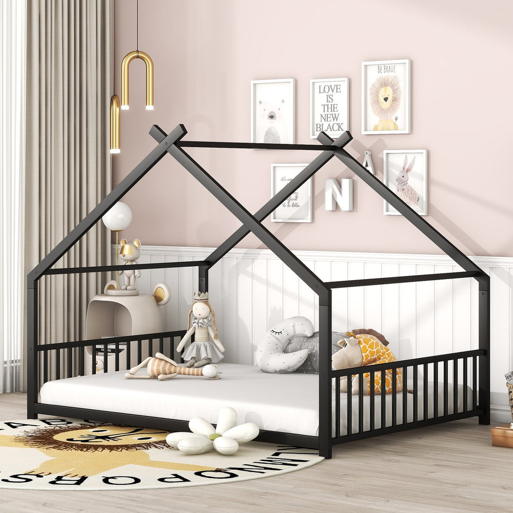 English Elm Full House Bed with Roof Canopy — Sturdy Metal Frame, Semi-Enclosed Play Loft for Kids' Sleep & Play (Full) Black MF305893AAB