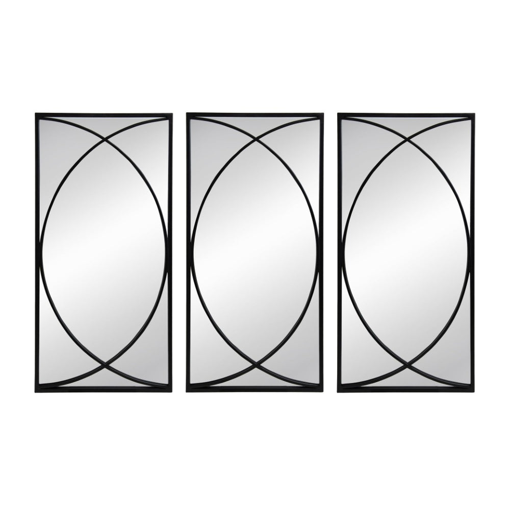 English Elm 32'' Set of 3 Iron Ring Overlay Rectangular Mirrors Black Powder Coat Gallery Wall W2078124318