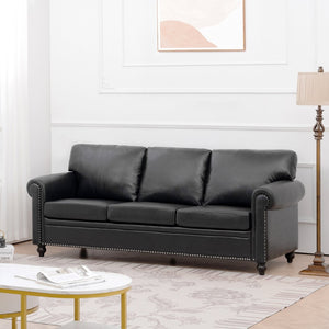 English Elm 3 Seater Pu Leather Sofa with Nail Head Trim Rolled Arms and Birch Legs W680111462