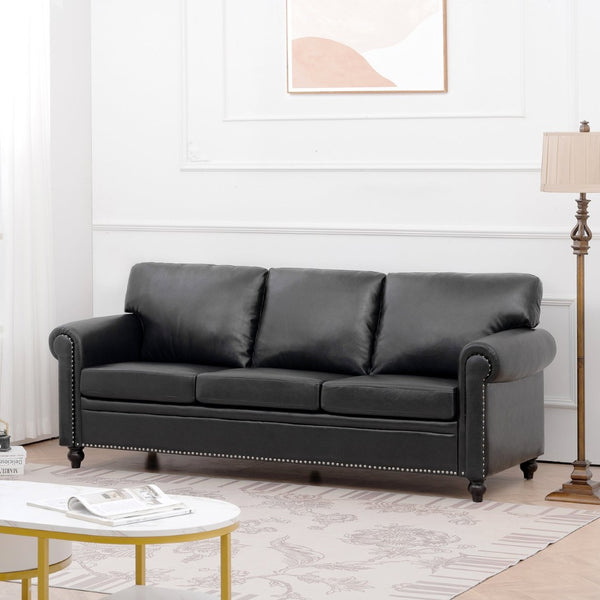 English Elm 3 Seater Pu Leather Sofa with Nail Head Trim Rolled Arms and Birch Legs W680111462