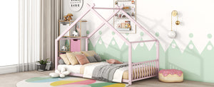 English Elm Twin Metal House Bed with Roof Frame for Kids — Sturdy 350lb Capacity, Playful Semi-Enclosed Design Pink MF305886AAH