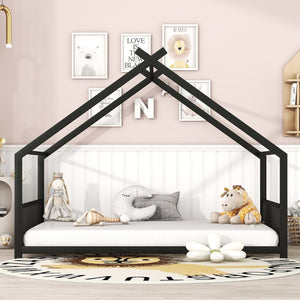 English Elm Full House Bed with Roof Canopy — Sturdy Metal Frame, Semi-Enclosed Play Loft for Kids' Sleep & Play (Full) Black MF305893AAB