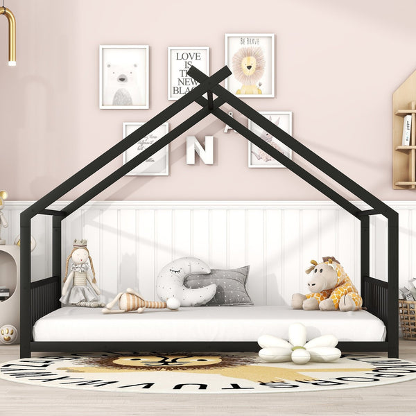 English Elm Full House Bed with Roof Canopy — Sturdy Metal Frame, Semi-Enclosed Play Loft for Kids' Sleep & Play (Full) Black MF305893AAB
