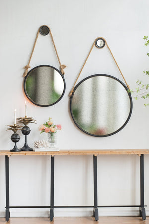 English Elm 19.5" Round Iron Wall Mirror with Rope Strap Hanger for Bathroom or Entryway W2078124346