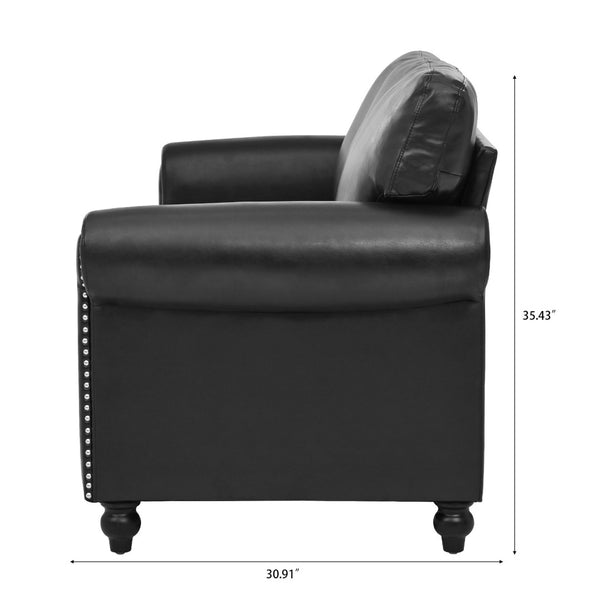 English Elm 3 Seater Pu Leather Sofa with Nail Head Trim Rolled Arms and Birch Legs W680111462