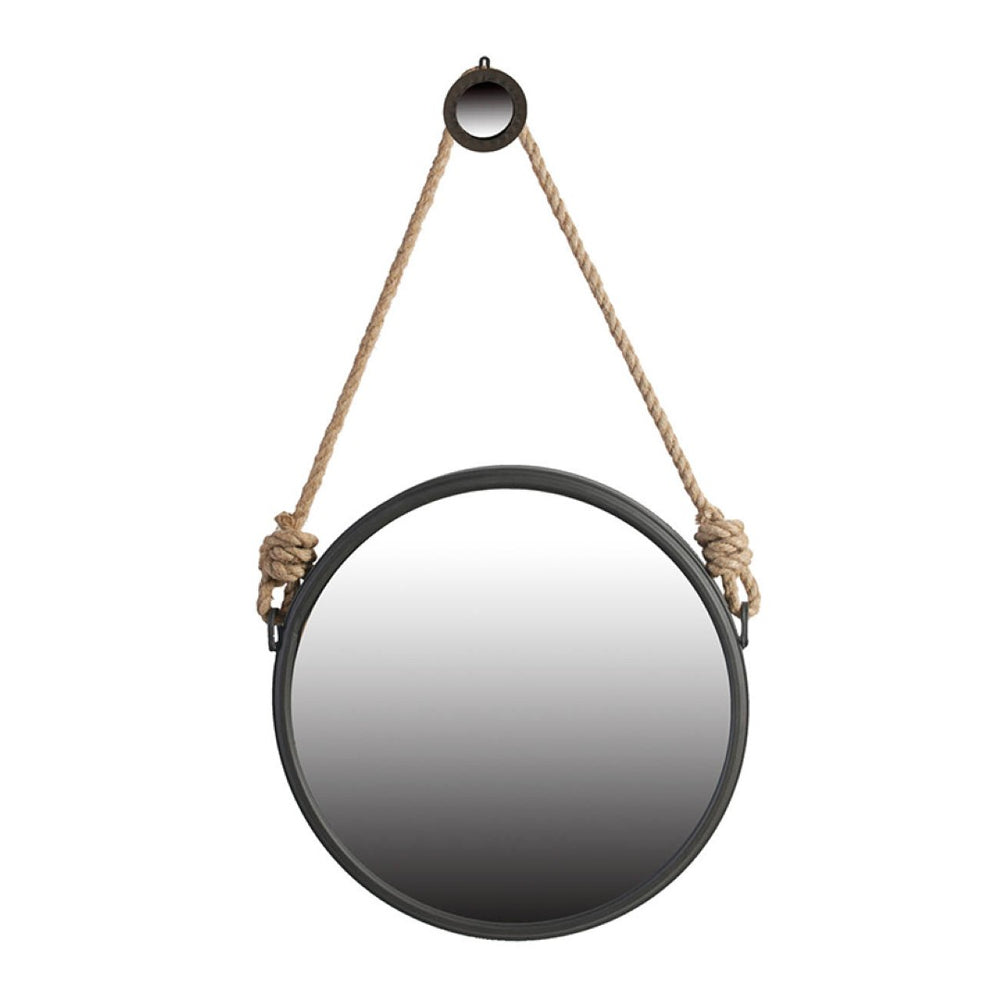 English Elm 19.5" Round Iron Wall Mirror with Rope Strap Hanger for Bathroom or Entryway W2078124346