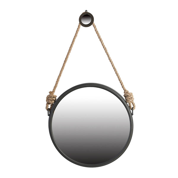 English Elm 19.5" Round Iron Wall Mirror with Rope Strap Hanger for Bathroom or Entryway W2078124346
