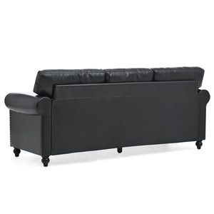 English Elm 3 Seater Pu Leather Sofa with Nail Head Trim Rolled Arms and Birch Legs W680111462