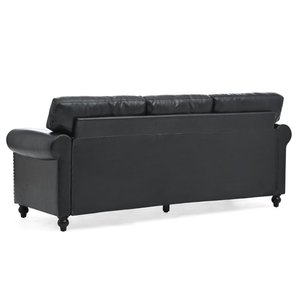 English Elm 3 Seater Roll Arm Pu Leather Sofa with Nail Trim Detail for Traditional Living Rooms Black Pu W680P451466