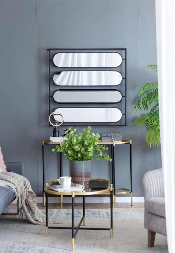 English Elm 36" Iron Square Frame Wall Mirror with Four Swivel Oval Panels Matte Black Finish W2078124365