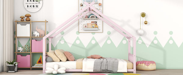 English Elm Twin Metal House Bed with Roof Frame for Kids — Sturdy 350lb Capacity, Playful Semi-Enclosed Design Pink MF305886AAH