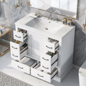 English Elm 36" Modern Bathroom Vanity with Ceramic Sink, Six Drawers, Adjustable Shelf, Solid Wood Build White SY999808AAK-6