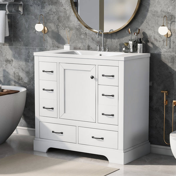 English Elm 36" Modern Bathroom Vanity with Ceramic Sink, Six Drawers, Adjustable Shelf, Solid Wood Build White SY999808AAK-6