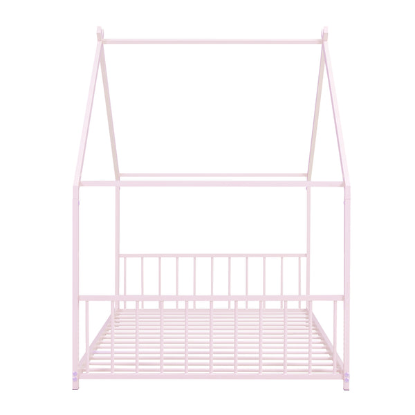 English Elm Twin Metal House Bed with Roof Frame for Kids — Sturdy 350lb Capacity, Playful Semi-Enclosed Design Pink MF305886AAH