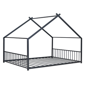 English Elm Full House Bed with Roof Canopy — Sturdy Metal Frame, Semi-Enclosed Play Loft for Kids' Sleep & Play (Full) Black MF305893AAB