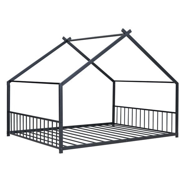 English Elm Full House Bed with Roof Canopy — Sturdy Metal Frame, Semi-Enclosed Play Loft for Kids' Sleep & Play (Full) Black MF305893AAB