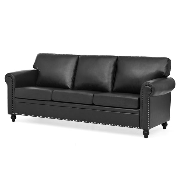 English Elm 3 Seater Pu Leather Sofa with Nail Head Trim Rolled Arms and Birch Legs W680111462