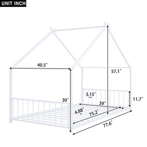 English Elm Twin Metal House Bed with Roof Frame for Kids — Sturdy 350lb Capacity, Playful Semi-Enclosed Design White MF305886AAK