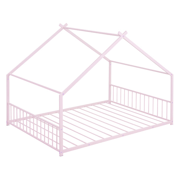English Elm Full House Bed with Roof Canopy — Sturdy Metal Frame, Semi-Enclosed Play Loft for Kids' Sleep & Play (Full) Pink MF305893AAH