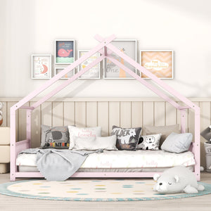 English Elm Full House Bed with Roof Canopy — Sturdy Metal Frame, Semi-Enclosed Play Loft for Kids' Sleep & Play (Full) Pink MF305893AAH
