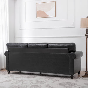 English Elm 3 Seater Roll Arm Pu Leather Sofa with Nail Trim Detail for Traditional Living Rooms Black Pu W680P451466