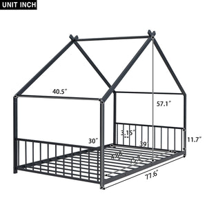 English Elm Twin Metal House Bed with Roof Frame for Kids — Sturdy 350lb Capacity, Playful Semi-Enclosed Design Black MF305886AAB