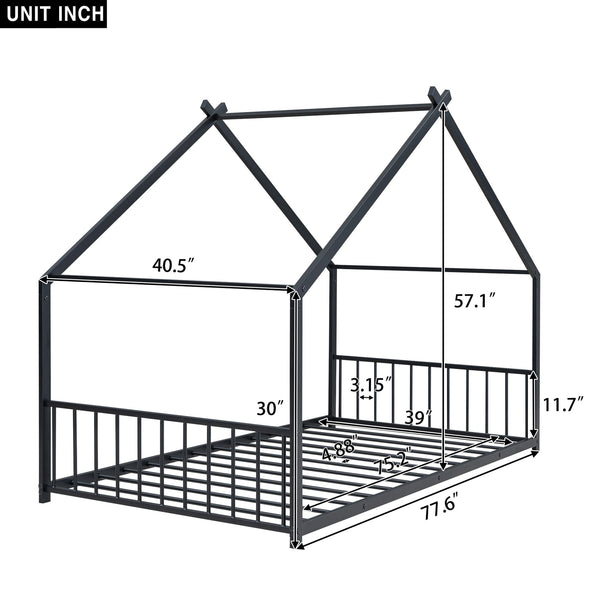 English Elm Twin Metal House Bed with Roof Frame for Kids — Sturdy 350lb Capacity, Playful Semi-Enclosed Design Black MF305886AAB