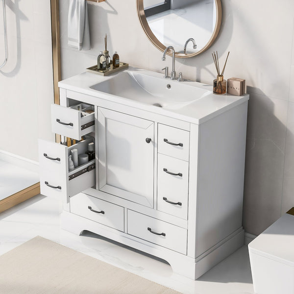 English Elm 36" Modern Bathroom Vanity with Ceramic Sink, Six Drawers, Adjustable Shelf, Solid Wood Build White SY999808AAK-6