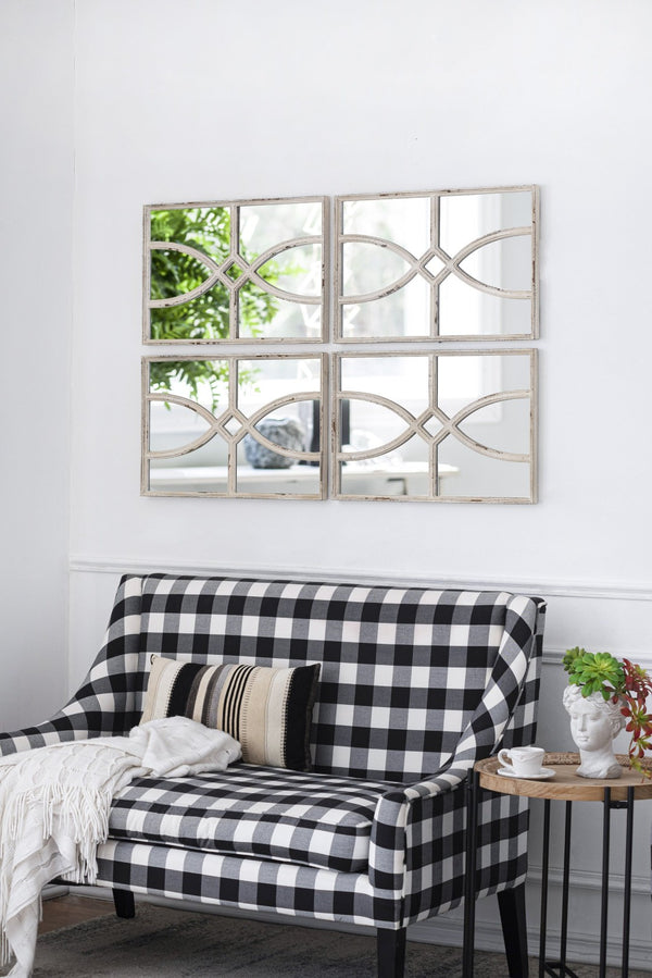 English Elm 16" Rectangular Carved Scrollwork Distressed Wood Wall Mirror Set for Entryway Decor White W2078124317