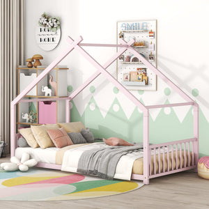 English Elm Twin Metal House Bed with Roof Frame for Kids — Sturdy 350lb Capacity, Playful Semi-Enclosed Design Pink MF305886AAH
