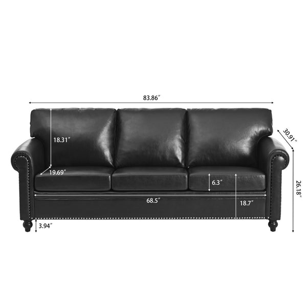 English Elm 3 Seater Pu Leather Sofa with Nail Head Trim Rolled Arms and Birch Legs W680111462