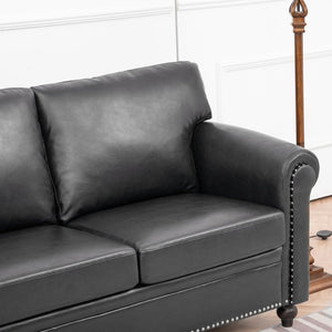 English Elm 3 Seater Roll Arm Pu Leather Sofa with Nail Trim Detail for Traditional Living Rooms Black Pu W680P451466