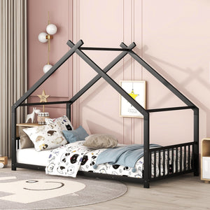 English Elm Twin Metal House Bed with Roof Frame for Kids — Sturdy 350lb Capacity, Playful Semi-Enclosed Design Black MF305886AAB