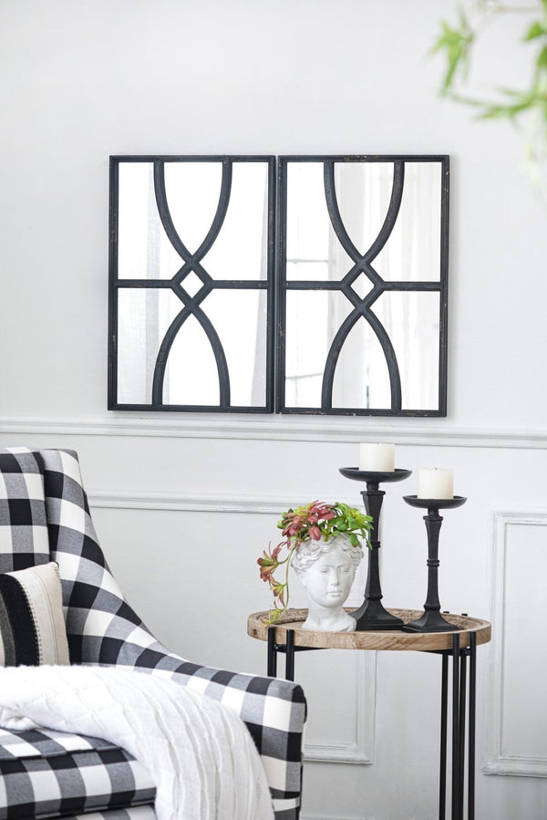 English Elm 16" Rectangular Carved Scrollwork Distressed Wood Wall Mirror Set for Entryway Decor Black W2078124316