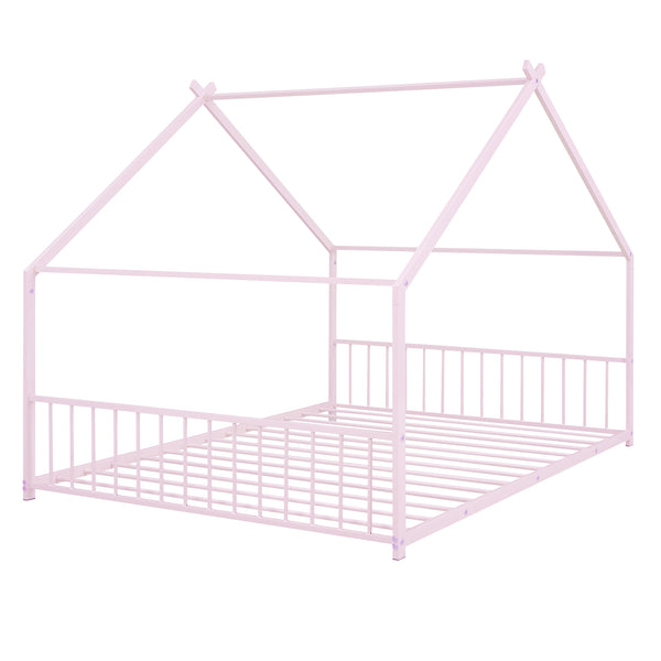 English Elm Full House Bed with Roof Canopy — Sturdy Metal Frame, Semi-Enclosed Play Loft for Kids' Sleep & Play (Full) Pink MF305893AAH