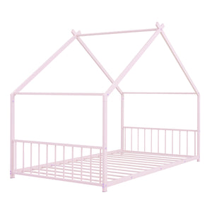 English Elm Twin Metal House Bed with Roof Frame for Kids — Sturdy 350lb Capacity, Playful Semi-Enclosed Design Pink MF305886AAH