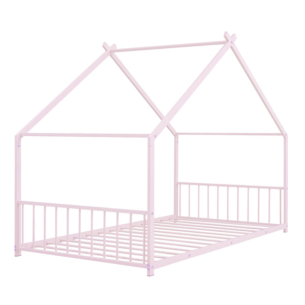English Elm Twin Metal House Bed with Roof Frame for Kids — Sturdy 350lb Capacity, Playful Semi-Enclosed Design Pink MF305886AAH
