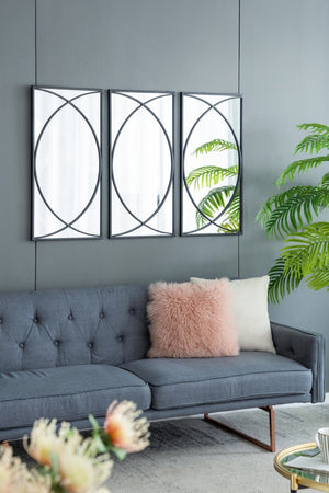English Elm 32'' Set of 3 Iron Ring Overlay Rectangular Mirrors Black Powder Coat Gallery Wall W2078124318