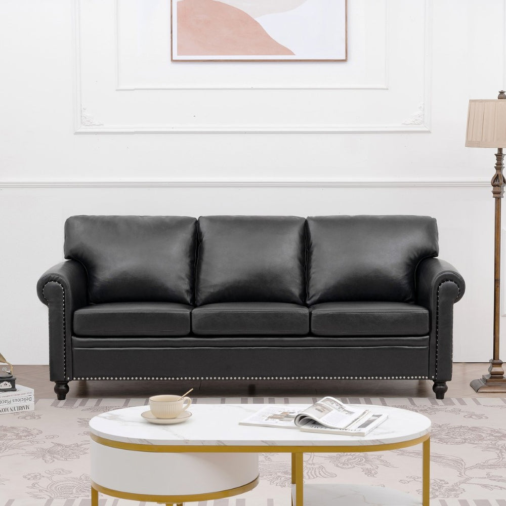 English Elm 3 Seater Pu Leather Sofa with Nail Head Trim Rolled Arms and Birch Legs W680111462