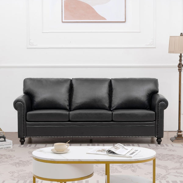 English Elm 3 Seater Roll Arm Pu Leather Sofa with Nail Trim Detail for Traditional Living Rooms Black Pu W680P451466