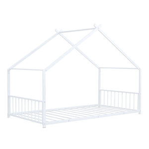 English Elm Twin Metal House Bed with Roof Frame for Kids — Sturdy 350lb Capacity, Playful Semi-Enclosed Design White MF305886AAK
