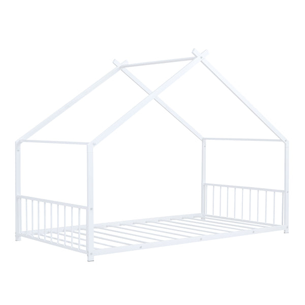 English Elm Twin Metal House Bed with Roof Frame for Kids — Sturdy 350lb Capacity, Playful Semi-Enclosed Design White MF305886AAK